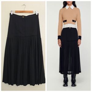 Sandro Pleated Long Midi Skirt Womens 40 US 8 Black A Line Paris Chic Sheer